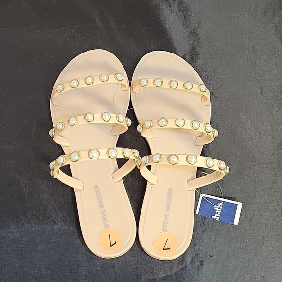 STEVE MADDEN WOMEN"S  ROUND PEARL EMBROIDERY EMBELLISHMENTS FLAT SANDAL - Picture 6 of 12